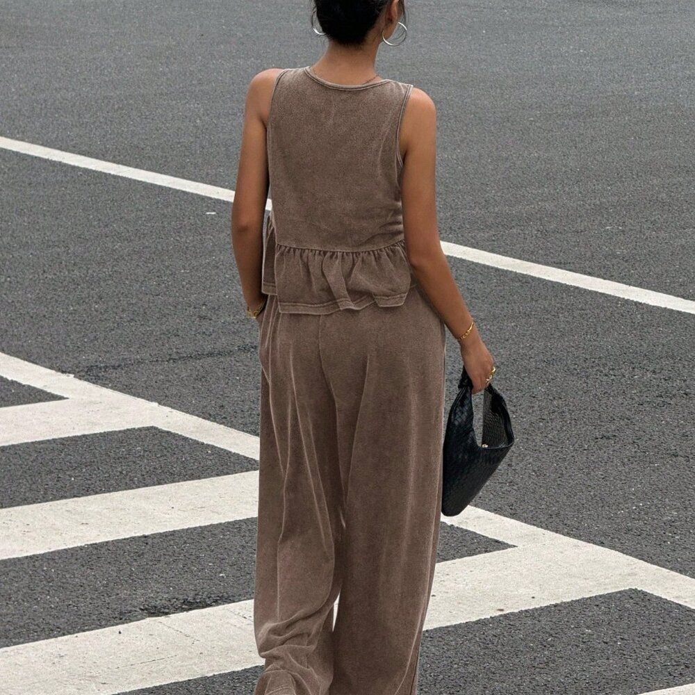 Brown Casual Women's Two-Piece Outfit with V-Neck Ruffle Top and Wide-Leg Pants - Picture 2 of 5